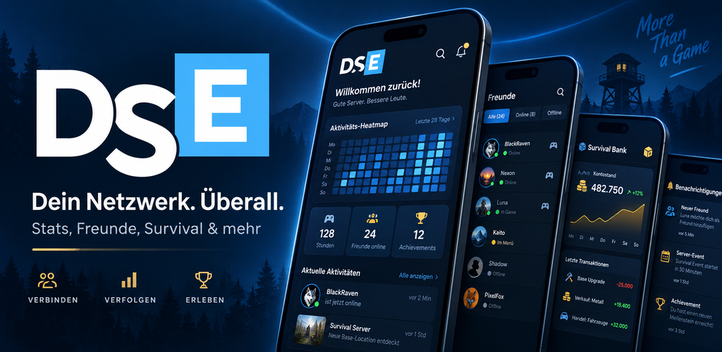 Die DSE App auf mehreren Smartphones: Übersicht, Freundesliste, Survival-Bank und Benachrichtigungen